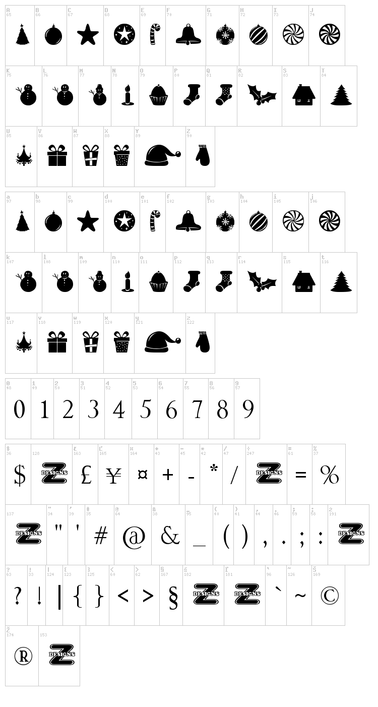 Christmas Shapes font map